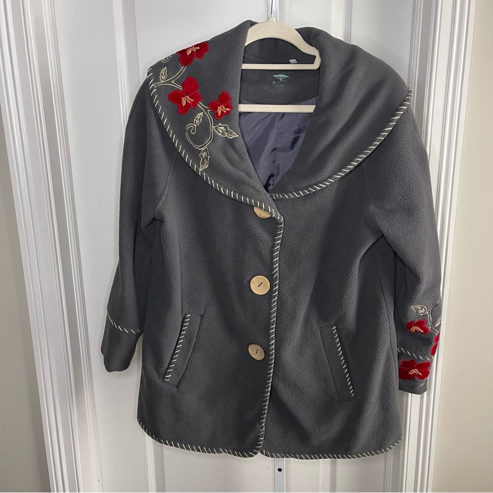 Acacia Gray Fleece Jacket Embroidered Floral Button Front Medium